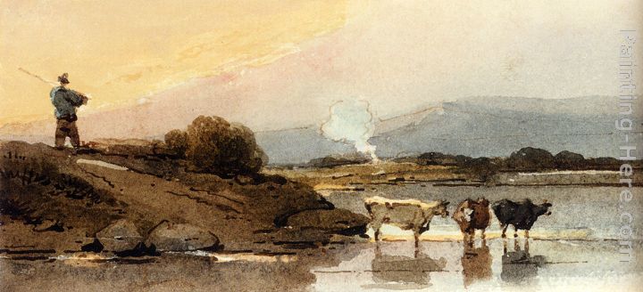 An Indian Herdsman On A Bank, Cattle Watering In A River Below painting - George Chinnery An Indian Herdsman On A Bank, Cattle Watering In A River Below art painting